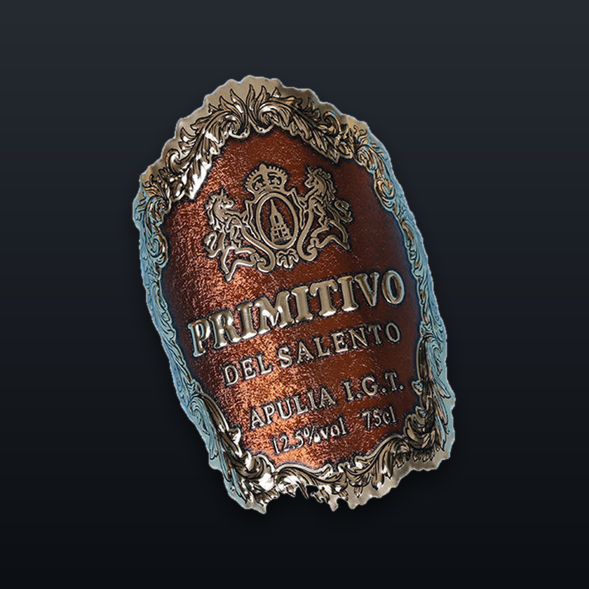 Embossed copper wine label with silver frame