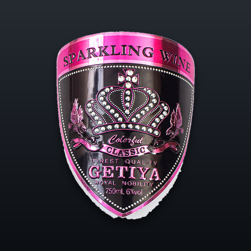 Rhinestone-set shield sparkling wine label